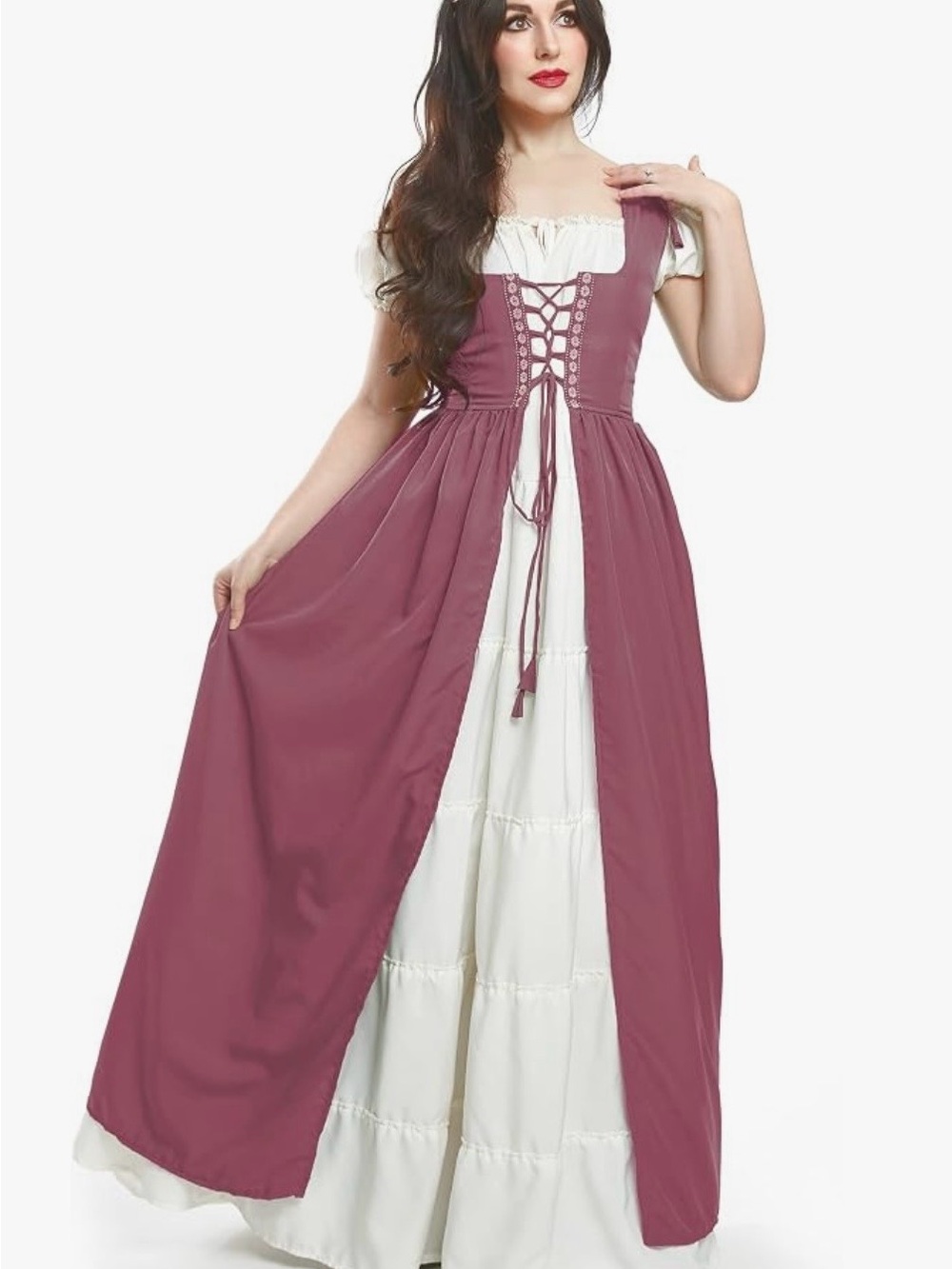 Renaissance Style Lace-Up Medieval Dress in Mauve and Cream